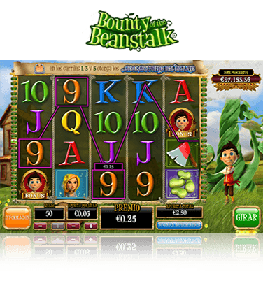 Vista previa de la slot Bounty of the Beanstalk. Se ven las 4 líneas y 5 columnas. A la derecha de los carretes, está Jack sonriente y cruzado de brazos.